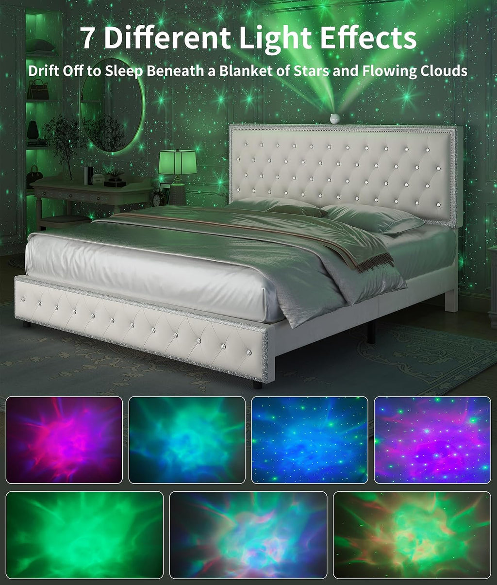 Queen Upholstered Platform Bed Frame with LED Headboard, Built-in Star Projector & Adjustable Headboard, No Box Spring Needed, Easy Assembly, Solid Wood Slats,Modern Bedroom Furniture, Velvet Cream