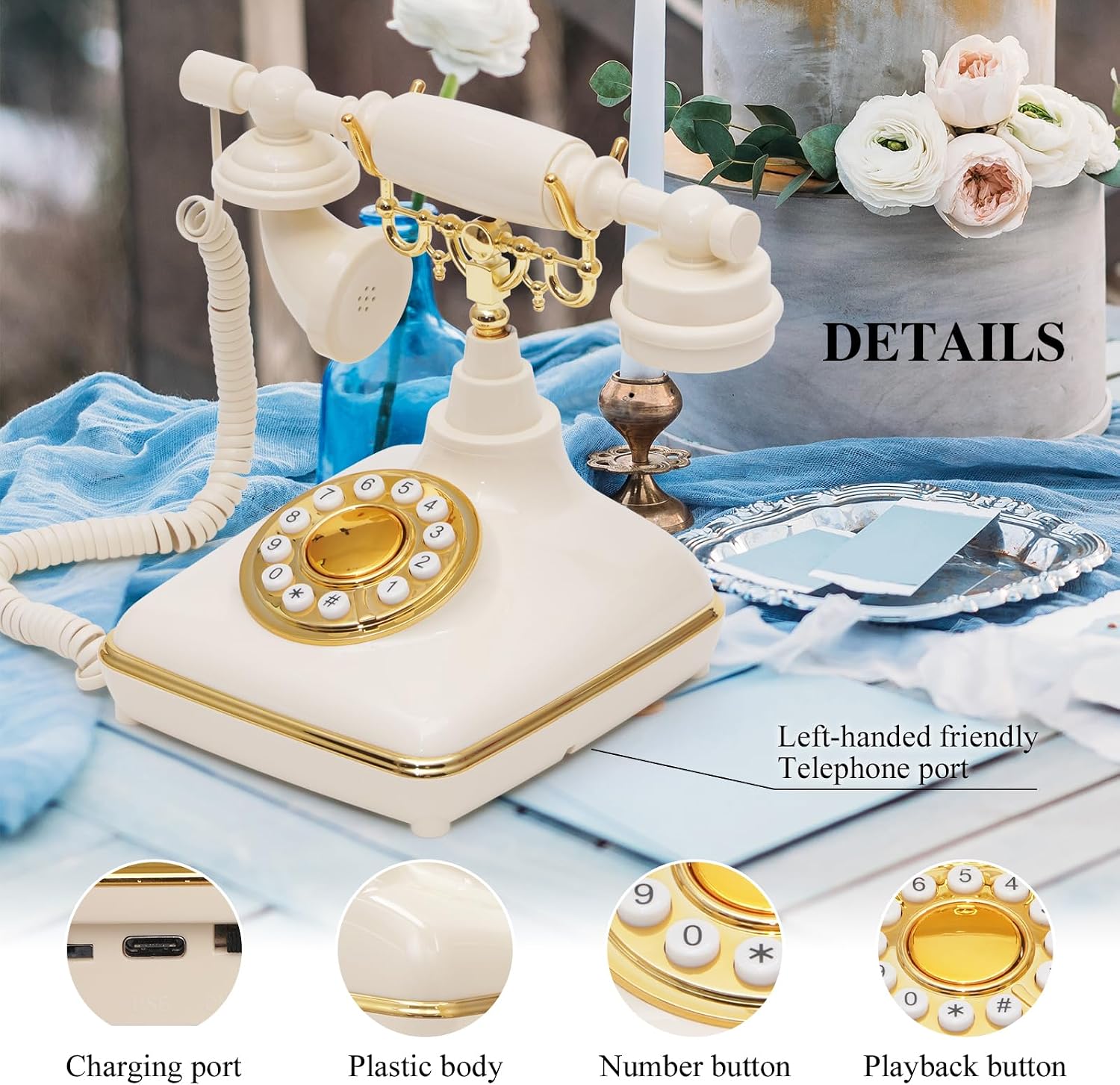 UKBW Audio Guest Book Wedding Phone, Audio Phone Guestbook, Vintage Retro Style Audio Guest Book Phone for Wedding, Birthday Party, Anniversary and Other Special Occasions(Beige)