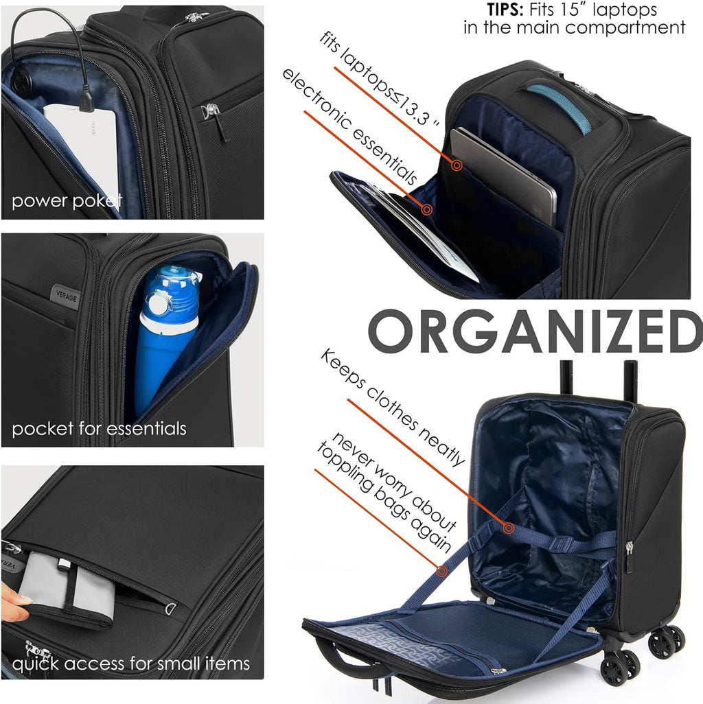 Verage Carry On Underseat Luggage with Wheels & USB Port, 14 Inch Wheeled Spinner Bag Carry-on Luggages for Airlines, Lightweight Suitcase Men Women, Pilots and Crew (14-Inch Compact)
