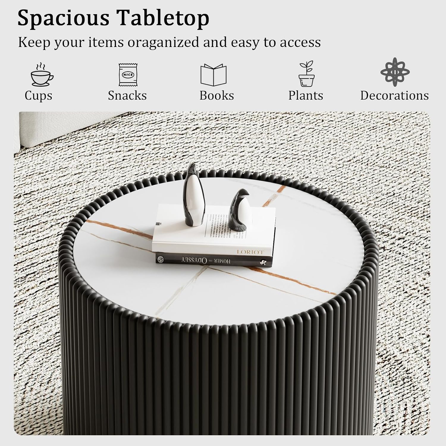 17.71' Black Round Coffee Table, Drum Coffee Table with Sintered Stone Tabletop and Fluted PU Leather Covered and Stable Base, Circle Cocktail Tea Table for Living Room