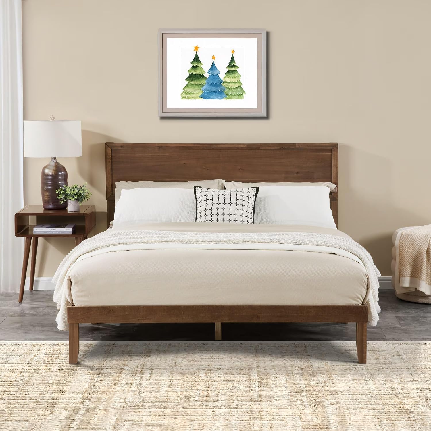 Full Size Solid Wood Platform Bed Frame - Premium Rubber Wood Reinforced Thickened Support, Load-Bearing, Modern Headboard Design, Tool-Free Assembly Bedroom Furniture Set,Brown (Full)