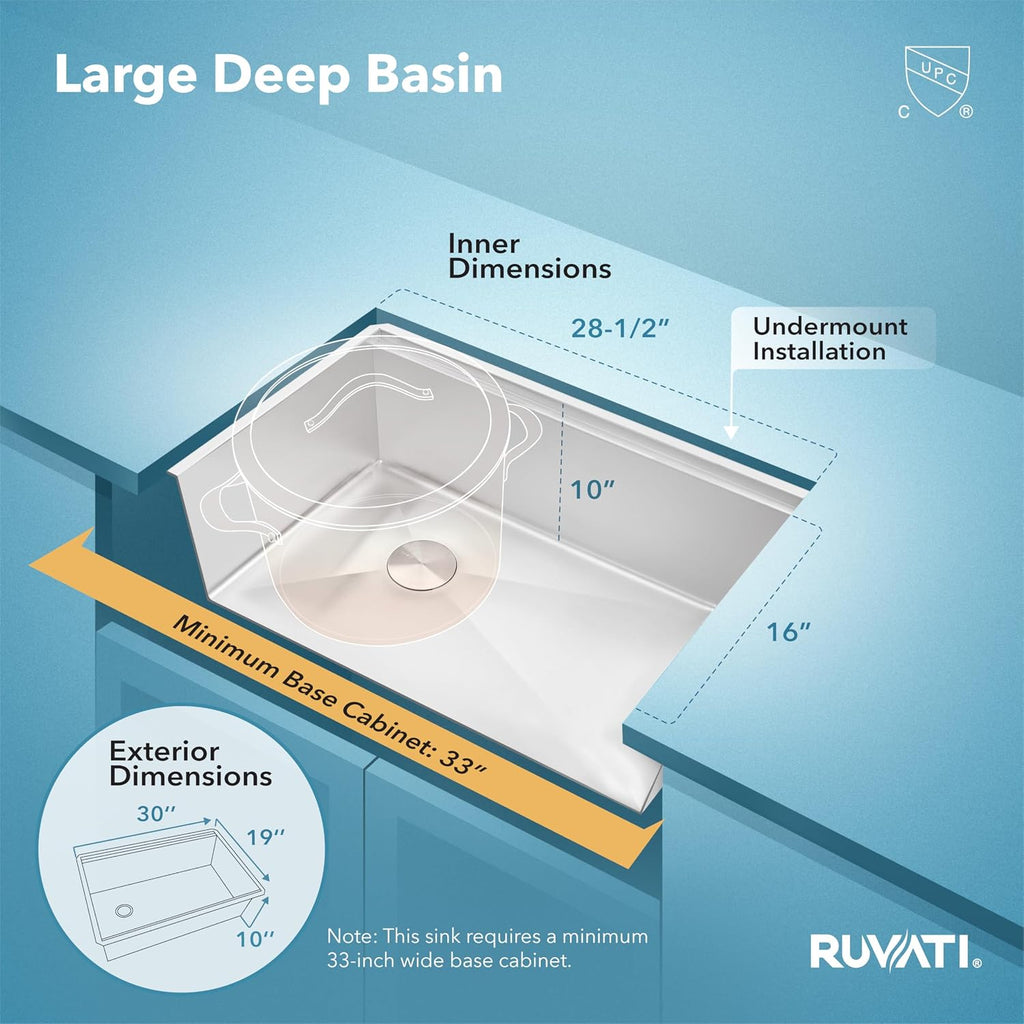 Ruvati 30-inch Workstation Kitchen Sink - Slope Bottom Offset Drain 16 Gauge Stainless Steel Kitchen Sink with Brushed Finish hides scratches, Easy-to-Clean Undermount Sink - RVH8582