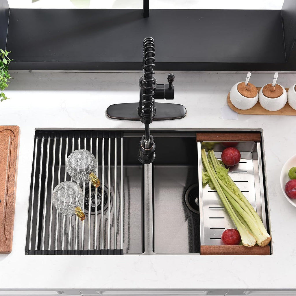 30 Inch Black Undermount Kitchen Sink Double Bowl - 30x18 Undermount Workstation Sink 16 Gauge Black Stainless Steel 10 Inch Deep Double Bowl Kitchen Sinks