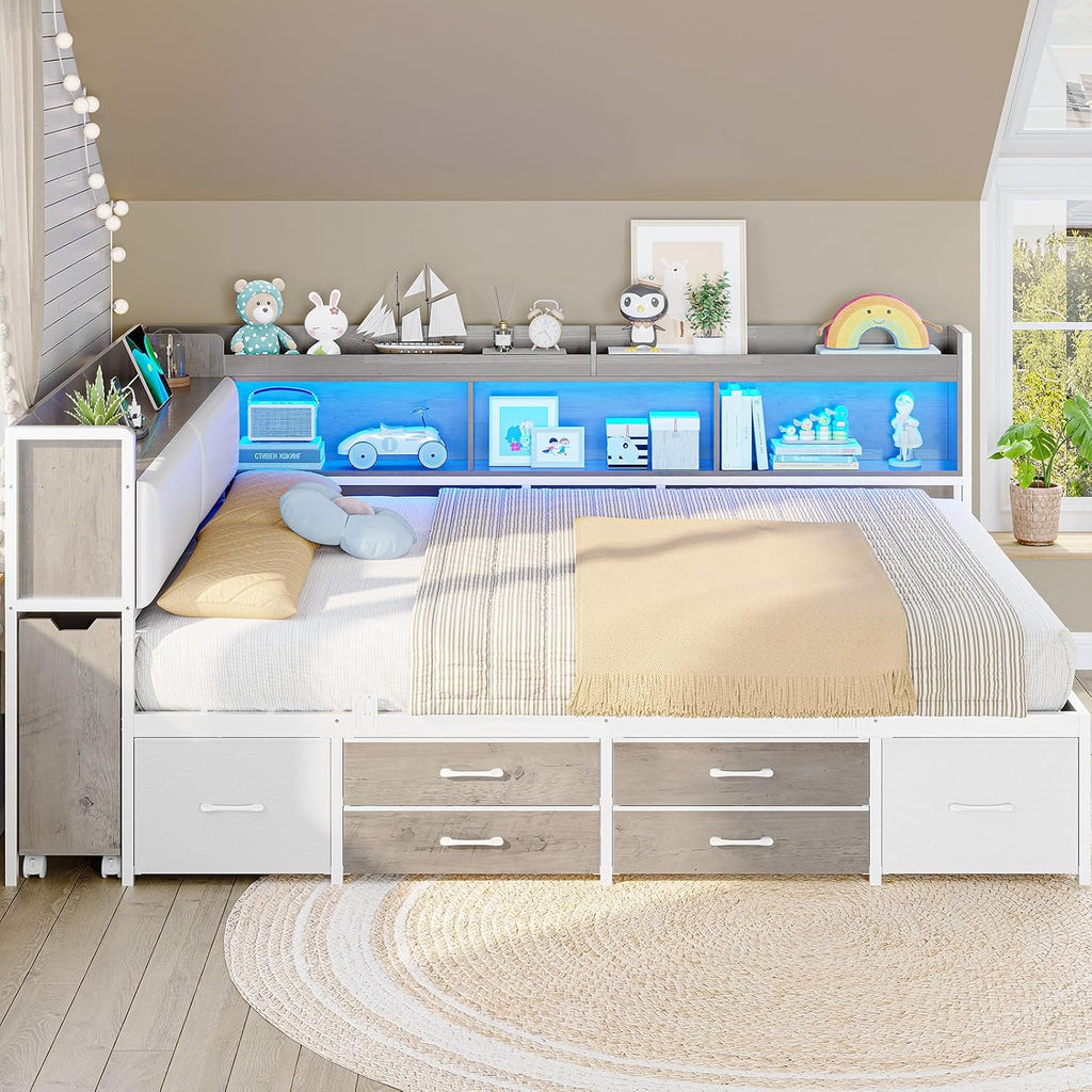 MSmask 14 Inch Corner Bed Frame with Pull-Out Cabinet, Bookcase & Headboad Storage, Full LED Daybed with 6 Drawers, Charging Station, Full Size Metal Platform Bed for Kids Teen, White & Oak Grey