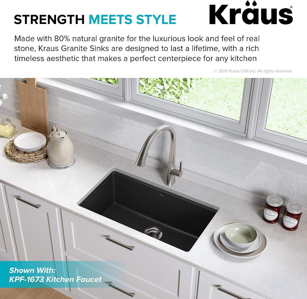KRAUS 31 Inch Undermount Single Bowl Black Onyx Granite Kitchen Sink with WasteGuard™ Continuous Feed Garbage Disposal, KGU-413B-100-75MB