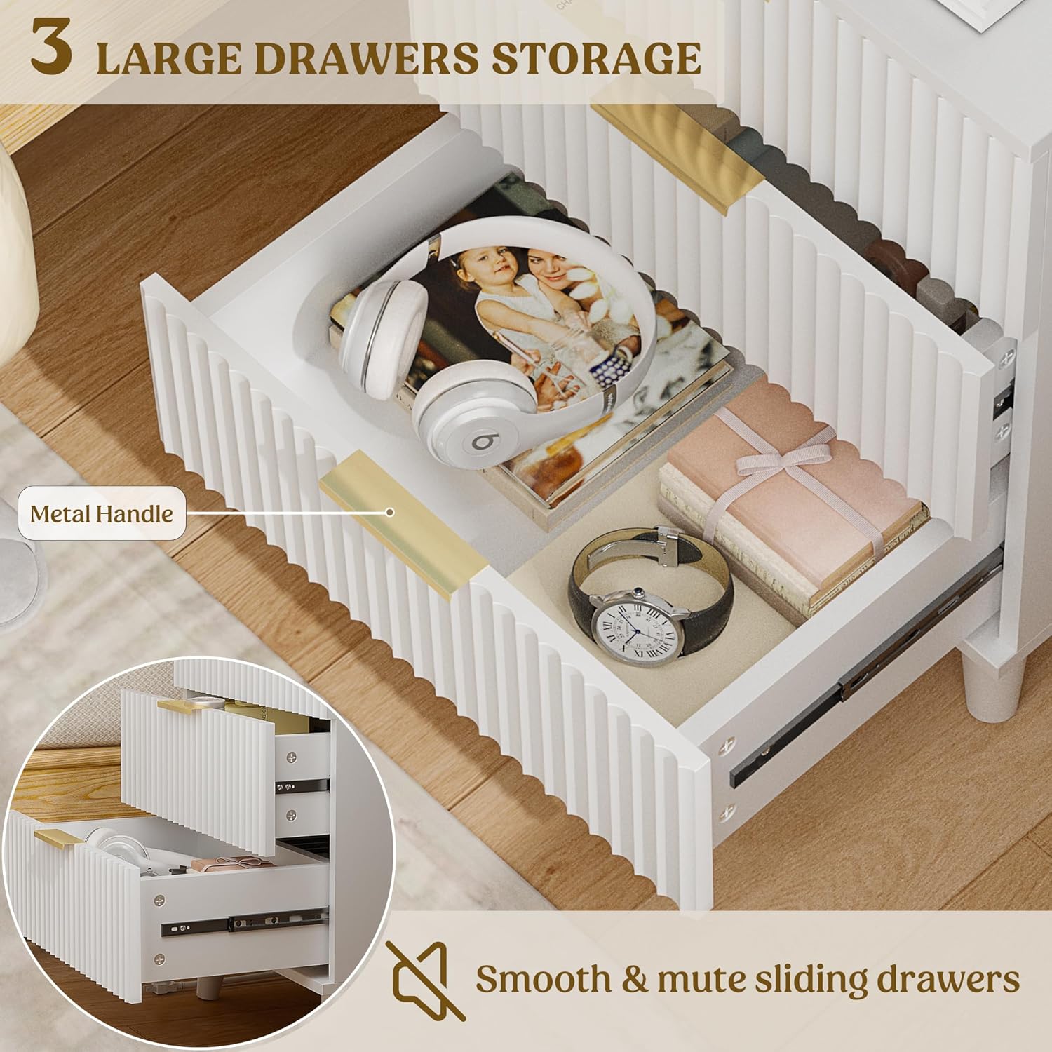 Lulive Modern Dresser and Nightstand Sets 3-Piece, 6-Drawer Dresser + 2 White Night Stands with Charging Station Bedroom Sets Solid Wood Legs (White)