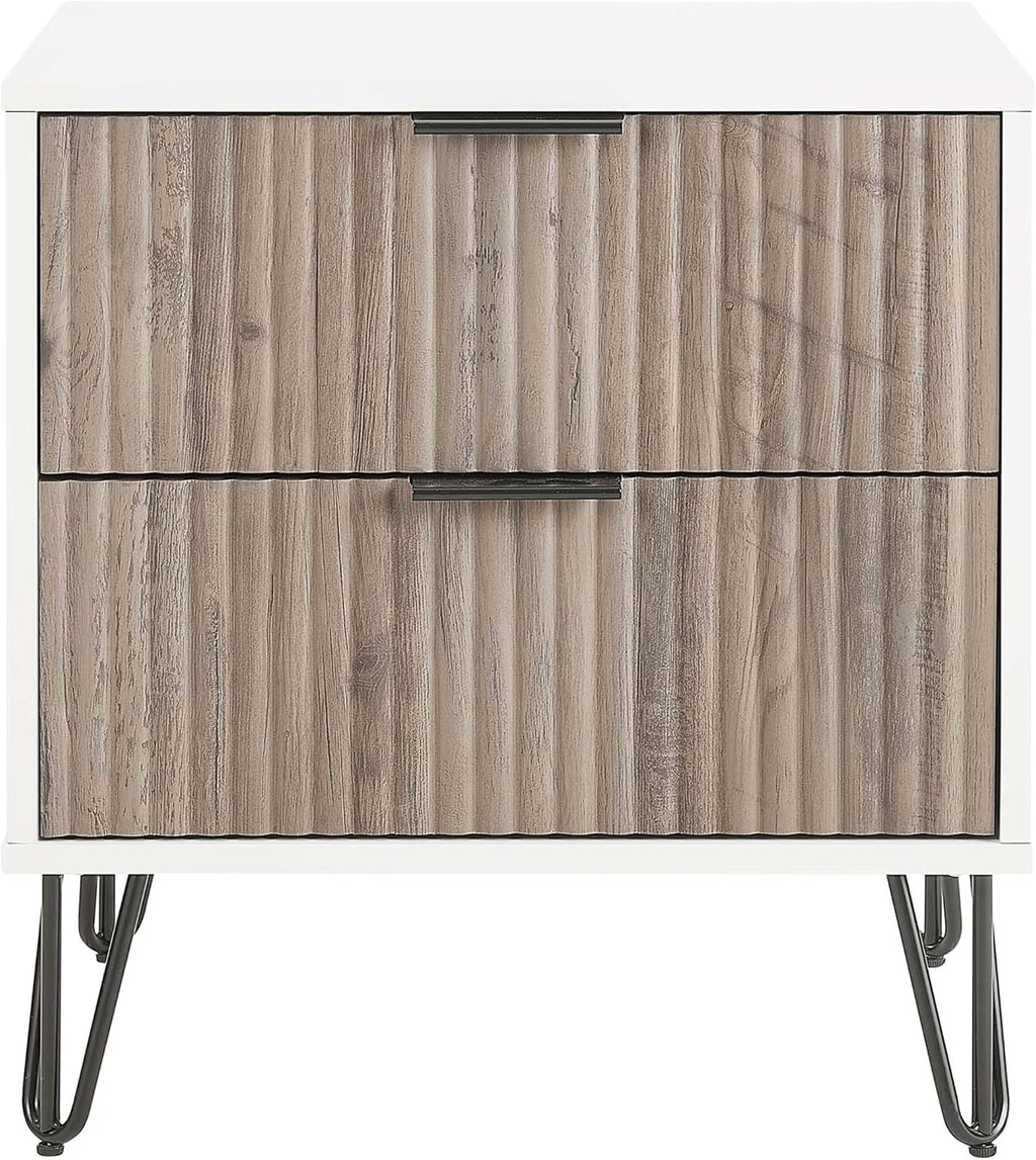 Manhattan Comfort Dumbo Fluted Nightstand with 2 Drawers, Gold Metal Legs and Metal Handles, Tool-Free Assembly Modern Bedside Accent Table with Storage for Bedroom, Living Room in White & Rustic Grey