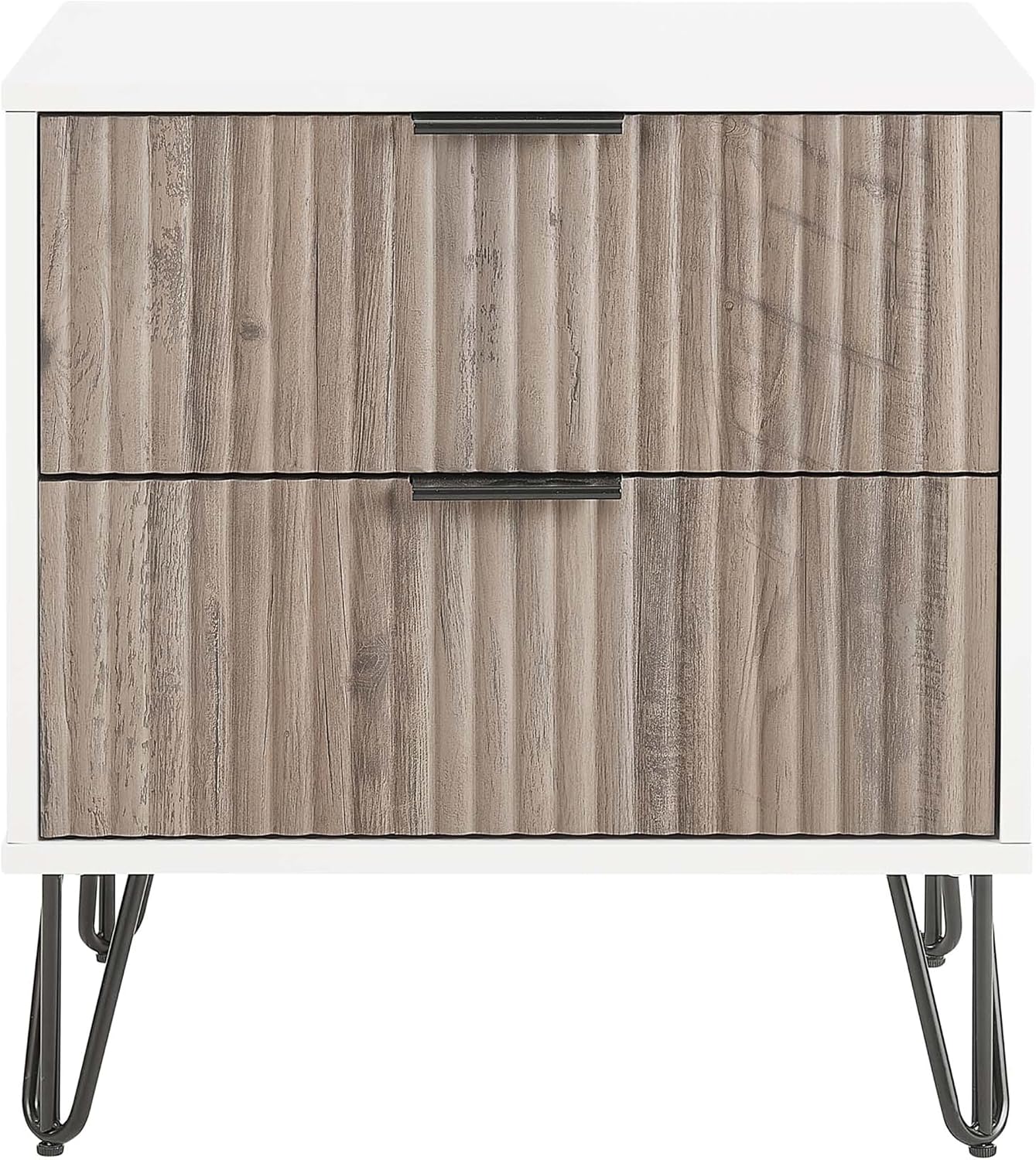Manhattan Comfort Dumbo Fluted Nightstand with 2 Drawers, Gold Metal Legs and Metal Handles, Tool-Free Assembly Modern Bedside Accent Table with Storage for Bedroom, Living Room in White & Rustic Grey