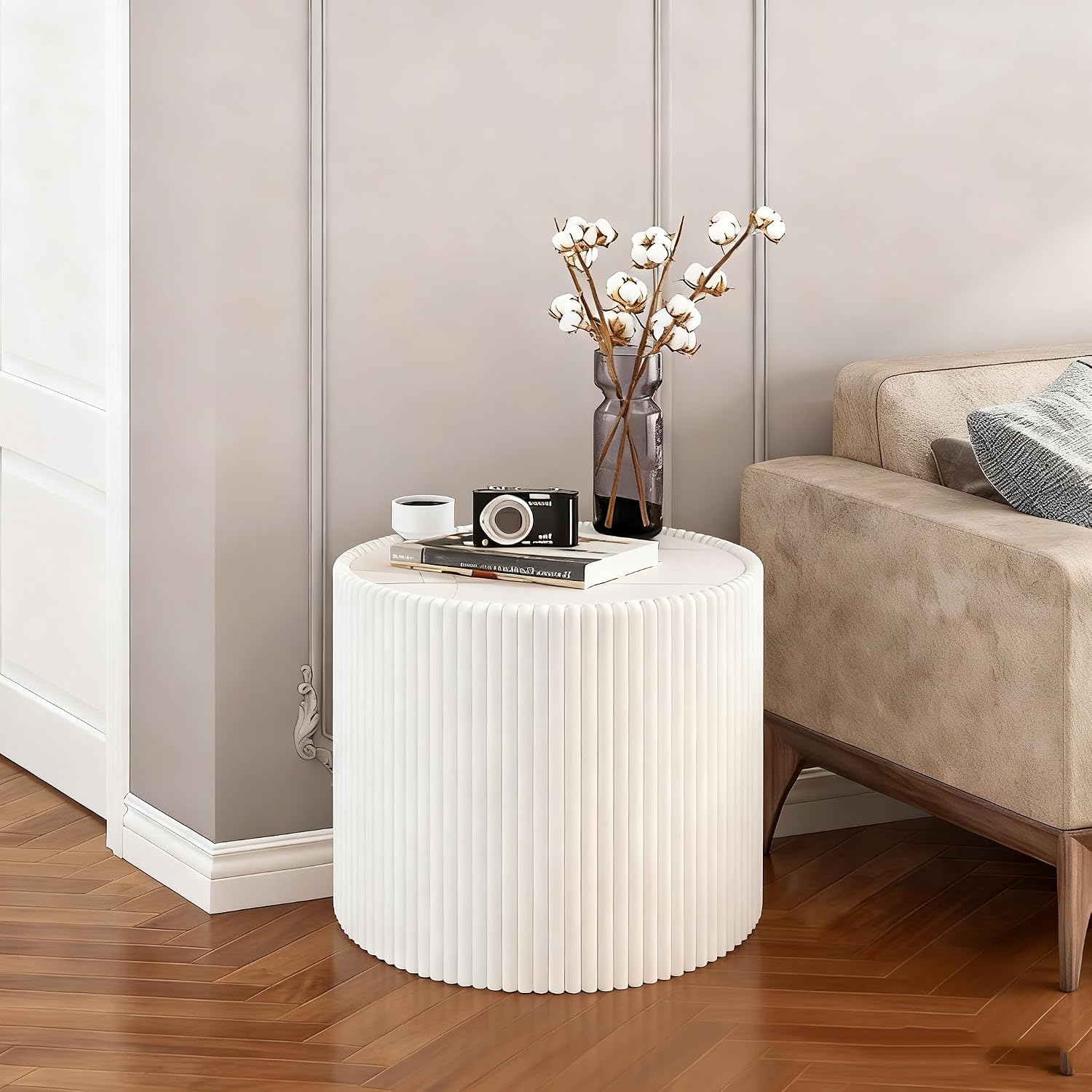 17.71' White Round Coffee Table, Drum Coffee Table with Sintered Stone Tabletop and Fluted PU Leather Covered and Stable Base, Circle Cocktail Tea Table for Living Room