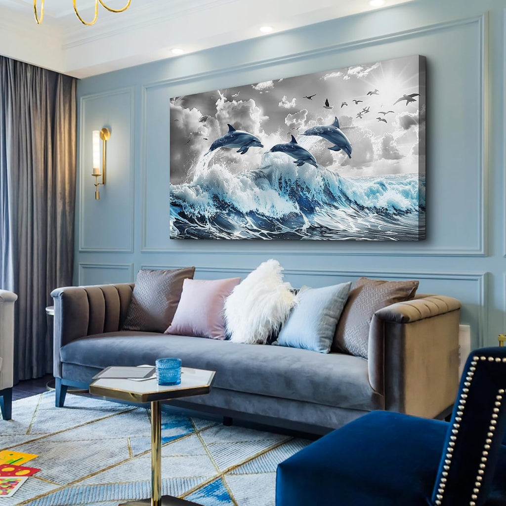 Wapluam Large Wall Art For Bedroom Blue Waves Of The Sea Wall Pictures Artwork Framed Canvas Wall Decoration For Living Room Fashion Office Canvas Art Prints Dolphins Seascape Paintings Home Decor
