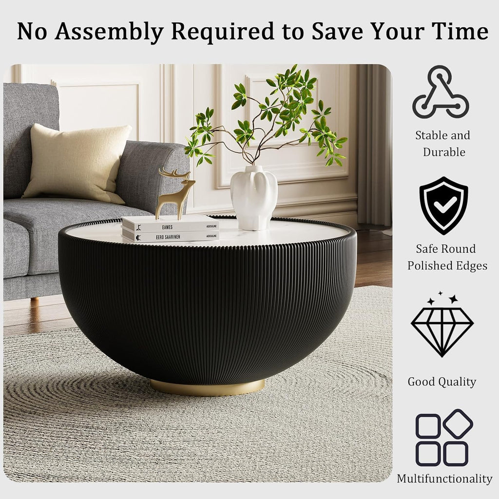 27.55' Black Round Coffee Table, Drum Coffee Table with Sintered Stone Tabletop and Fluted PU Leather Covered and Metal Base, Circle Cocktail Tea Table for Living Room