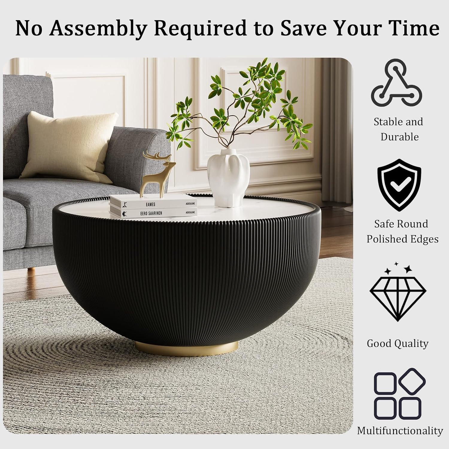27.55' Black Round Coffee Table, Drum Coffee Table with Sintered Stone Tabletop and Fluted PU Leather Covered and Metal Base, Circle Cocktail Tea Table for Living Room
