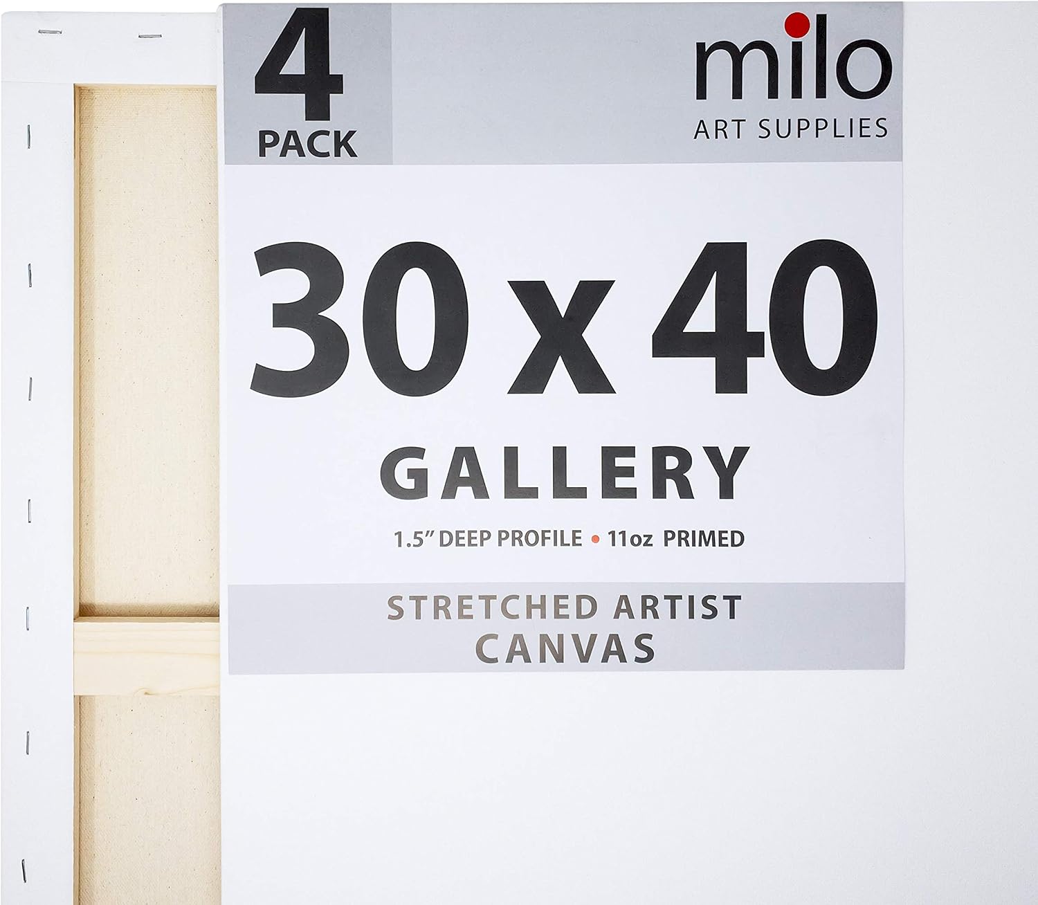 milo Stretched Artist Canvas | 30x40 inches | 4 Pack | 1.5' inch Thick Gallery Profile | 11 oz Primed Large Canvases for Painting, Ready to Paint Art Supplies for Acrylic, Oil