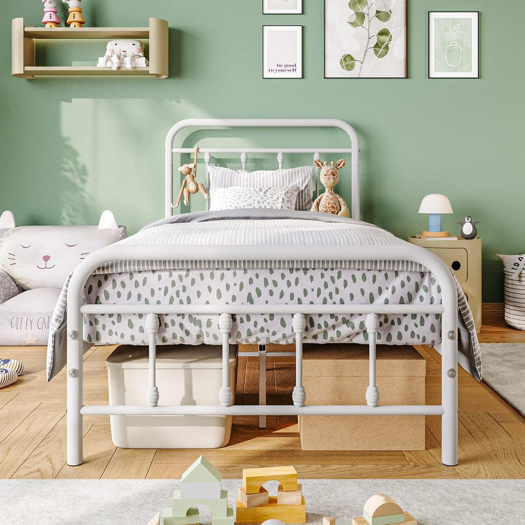 Vintage Twin Size Bed Frame with Headboard and Footboard Mattress Heavy Duty Metal Platform Bed Frame Steel Slat Support (Twin, White)