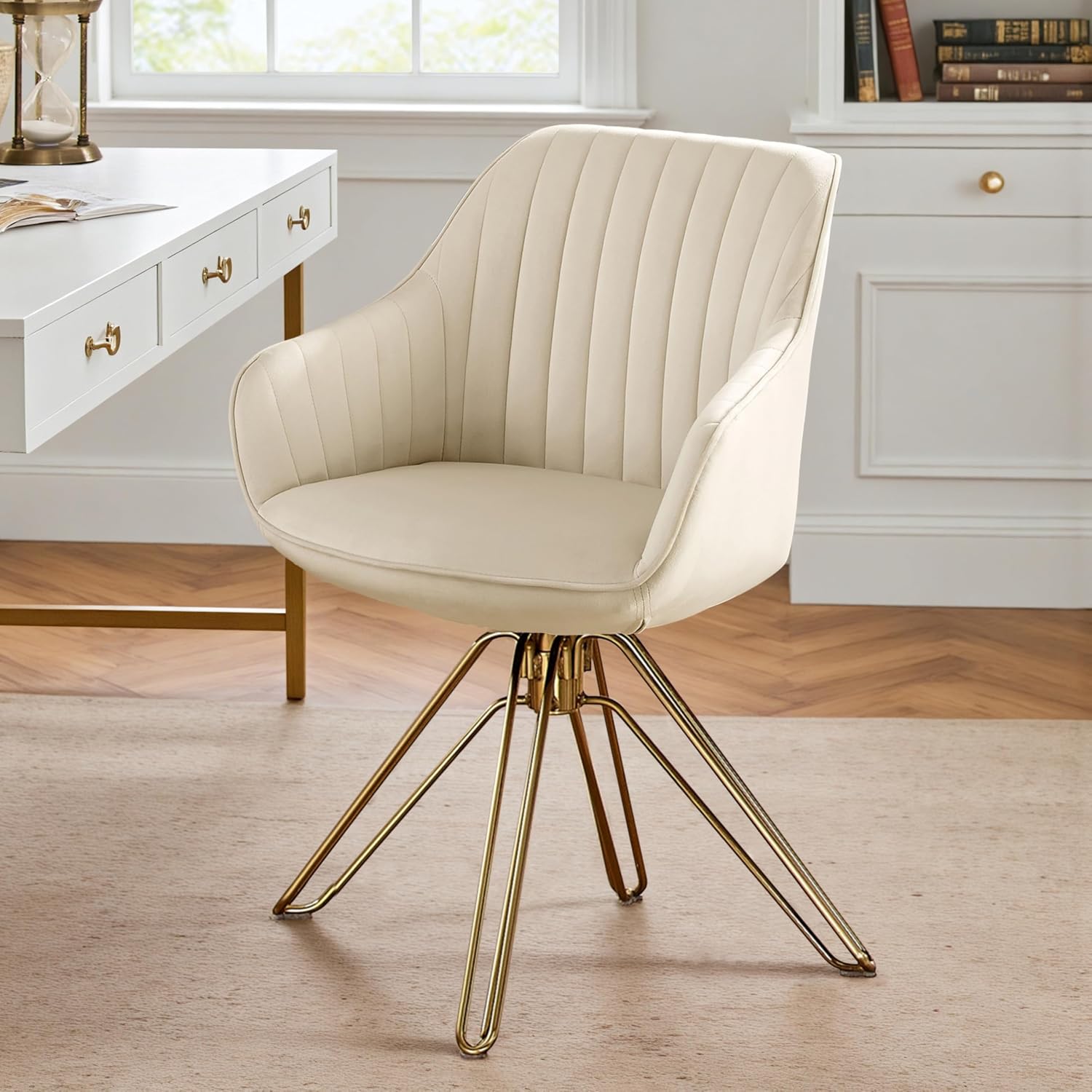 Volans Swivel Accent Chair, Mid Century Modern Dining Room Chairs with Hollow Black Metal Leg, Home Office Desk Chair No Wheels for Living Room, Bedroom, Off White
