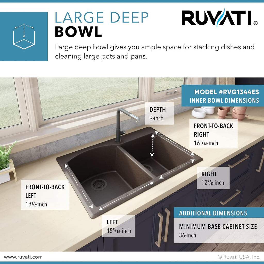 Ruvati 33 x 22 inch epiGranite Drop-in Topmount Granite Composite Quartz Double Bowl Kitchen Sink - Espresso Brown - RVG1344ES