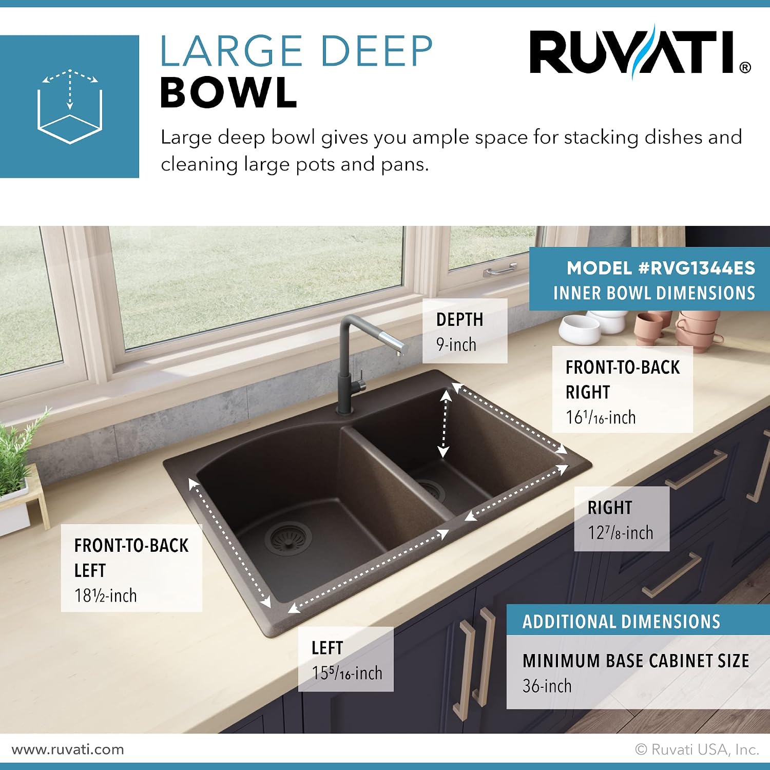 Ruvati 33 x 22 inch epiGranite Drop-in Topmount Granite Composite Quartz Double Bowl Kitchen Sink - Espresso Brown - RVG1344ES