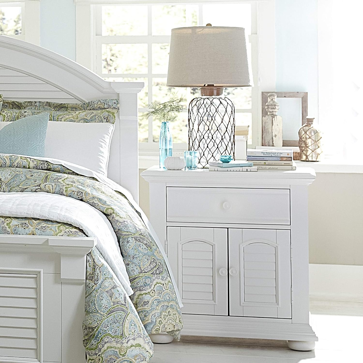 BOWERY HILL 2 Door 1 Drawer Nightstand, 31' W x 18' D x 29.5' H, Poplar Pine Wood, Oyster White Finish, Cottage Style, Louvered Panel Accents, Felt Lined Top Drawer, Bedroom Storage Furniture