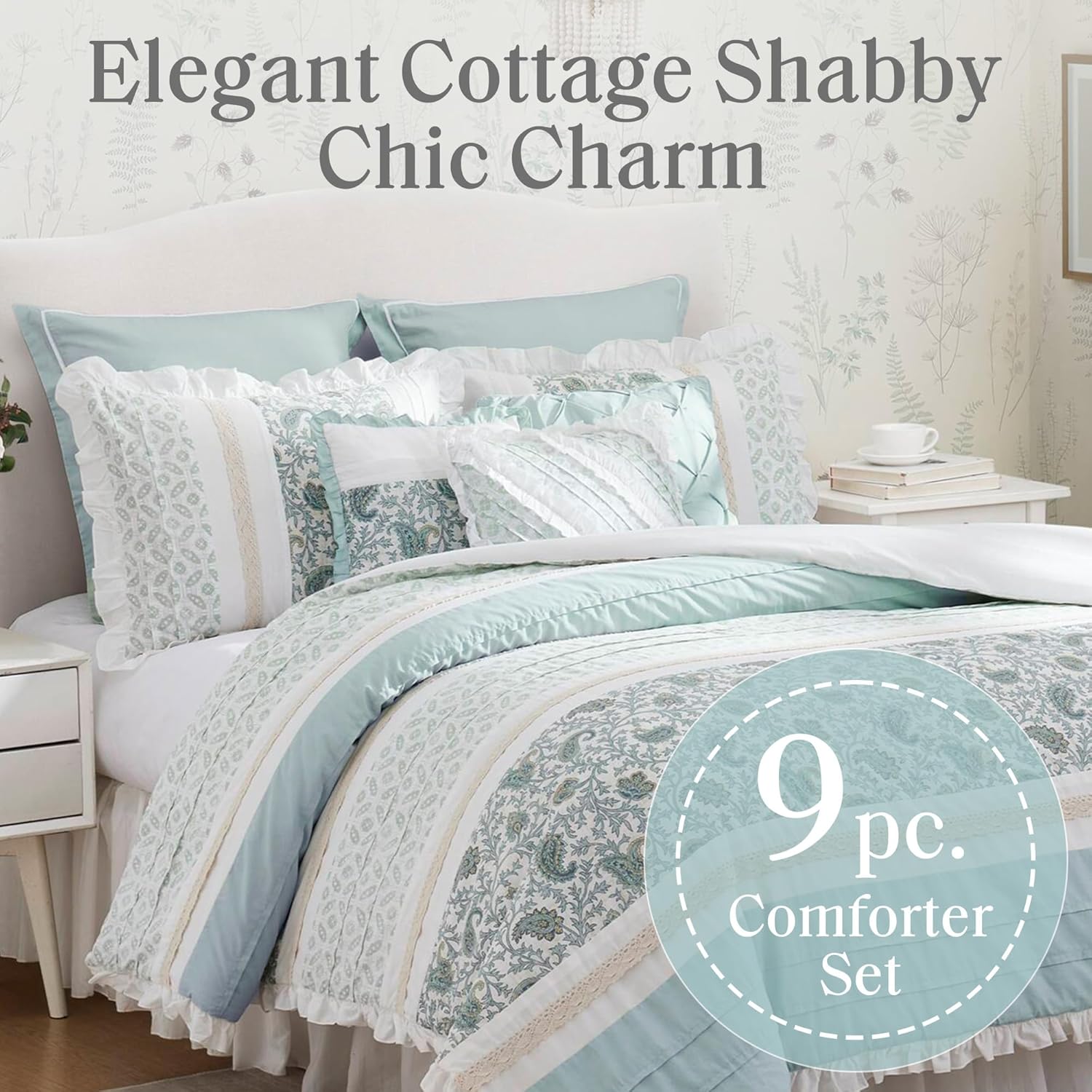 Madison Park Dawn 100% Cotton Shabby Chic Comforter Set-Modern Cottage Design All Season Down Alternative Bedding, Matching Shams, Bedskirt, Decorative Pillows, Cal King(104'x92'), Aqua 9 Piece