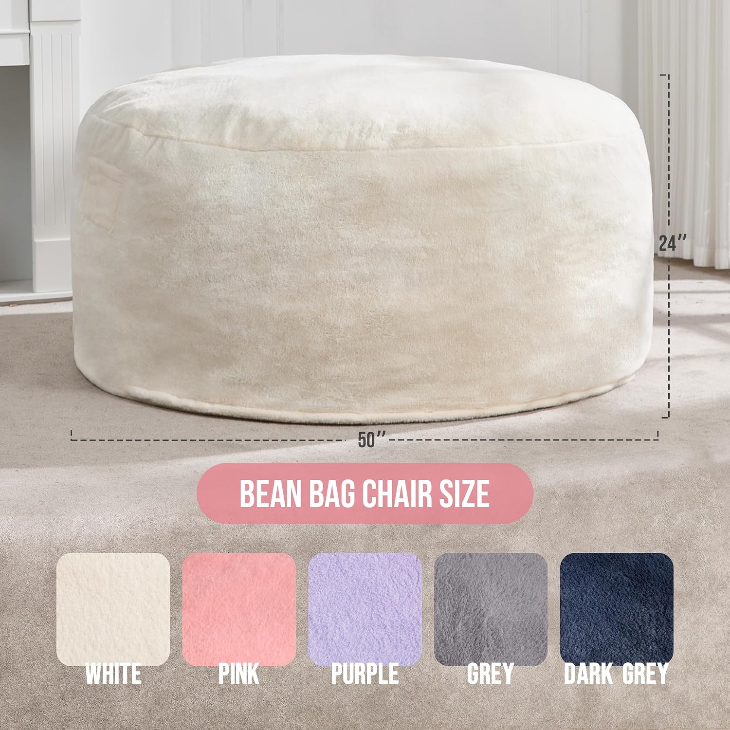Hobestluk 5ft Bean Bag Chairs for Adults Large Beanbag Chair with Plush Faux Fur Cover Big Bean Bag Chair for Living Room Bedroom Dorm Office - White (50' x 50' x 24')