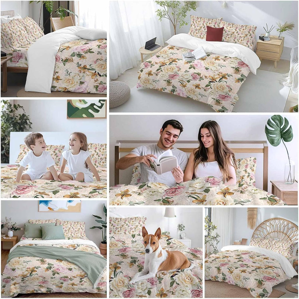 Prime Leader Floral Spring Duvet Cover Set Queen Size 4 Pieces Flower Retro Texture Bedding Set with Zipper Closure, 1 Comforter Cover 92x106 Inches 1 Flat Sheet & 2 Pillow Cases