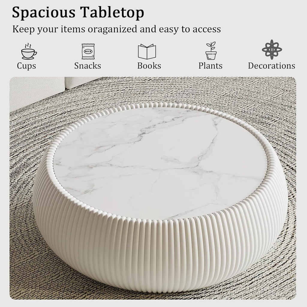 27.55' White Round Coffee Table, Drum Coffee Table with Sintered Stone Tabletop and Fluted PU Leather Covered and Stable Base, Circle Cocktail Tea Table for Living Room