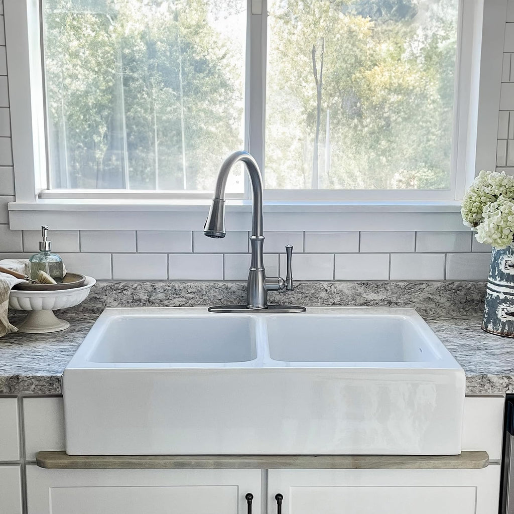 Sinkology Parker 34 Inch Fireclay Farmhouse Kitchen Sink - White Apron Front Double Bowl - Quick-Fit Drop-In Install for 36 Inch Cabinet - SureFire Material - Sinkology Everyday Warranty