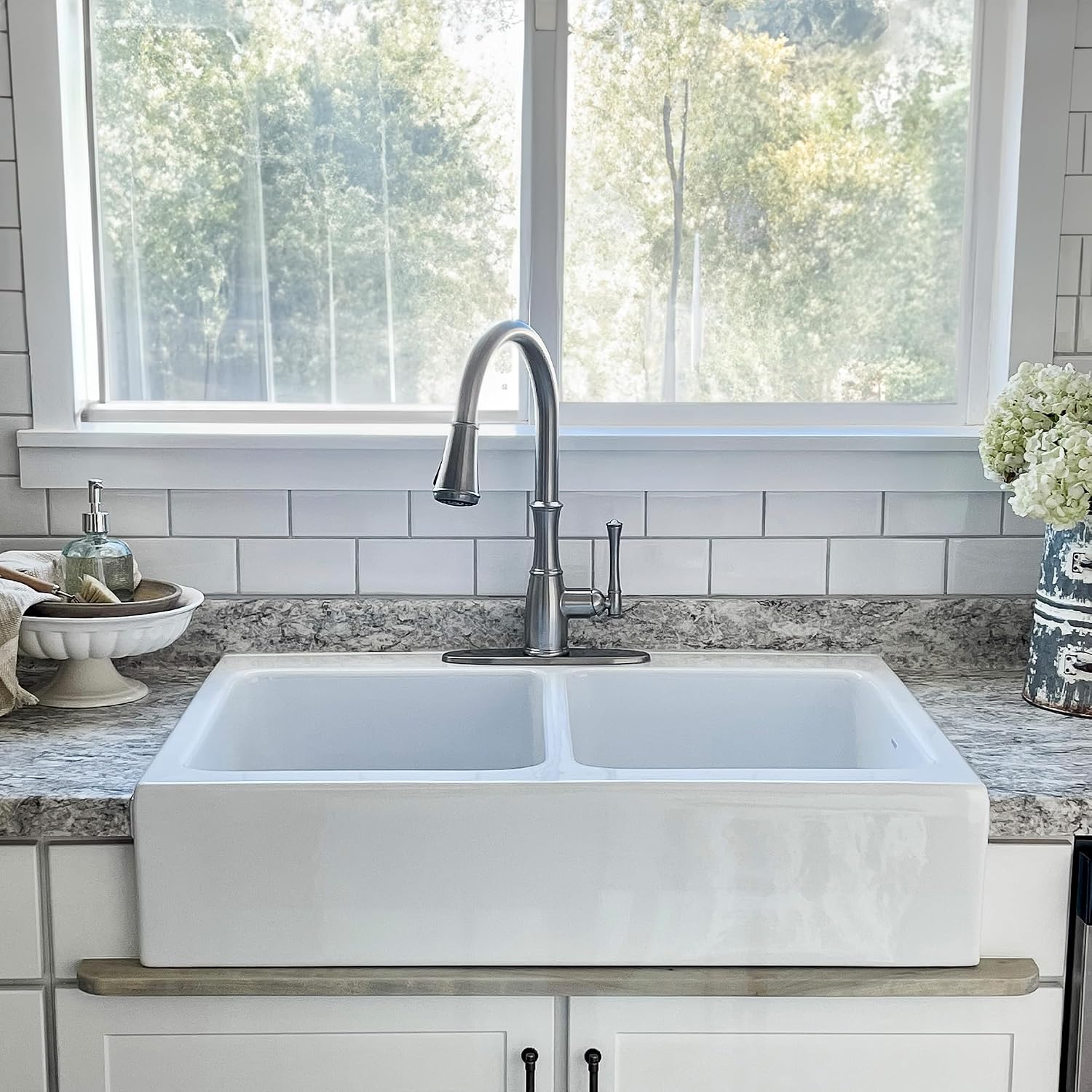 Sinkology Parker 34 Inch Fireclay Farmhouse Kitchen Sink - White Apron Front Double Bowl - Quick-Fit Drop-In Install for 36 Inch Cabinet - SureFire Material - Sinkology Everyday Warranty
