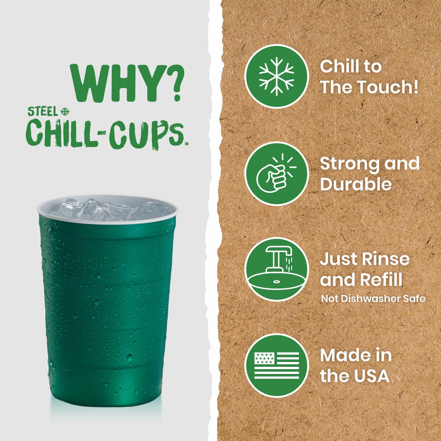Steel Chill Cups 16 oz. Party Cups, Perfect for Cold Drinks, Sturdy & Durable, Disposable and 100% Recyclable, Made in USA, Green, 180 Count