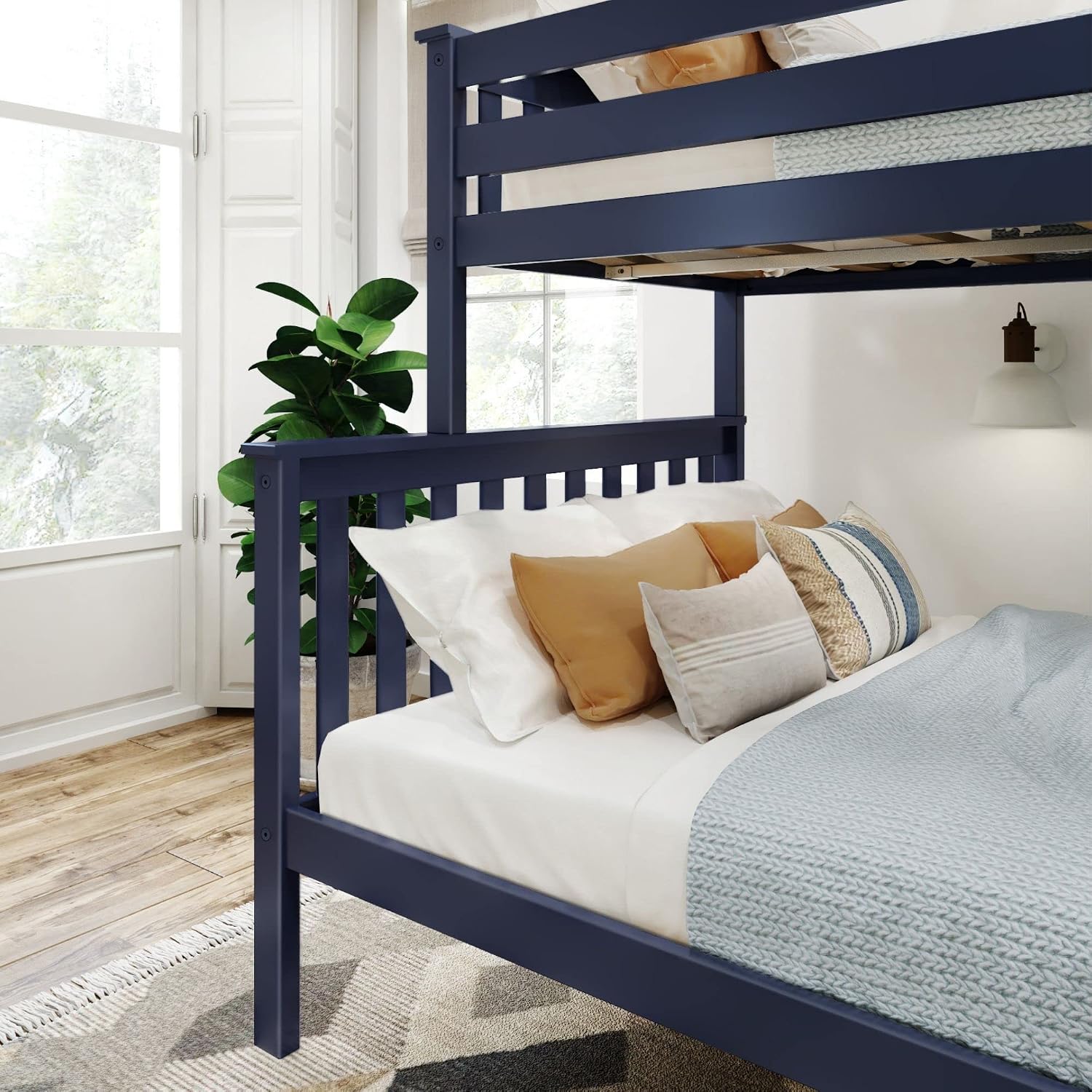 Plank+Beam Classic Wooden Bunk Bed Twin Over Full Size, Platform Bed Frame with Bunk Bed Ladder and Wood Slats for Adult, Space Saving Bed, Easy to Assemble, No Box Spring Needed, Blue