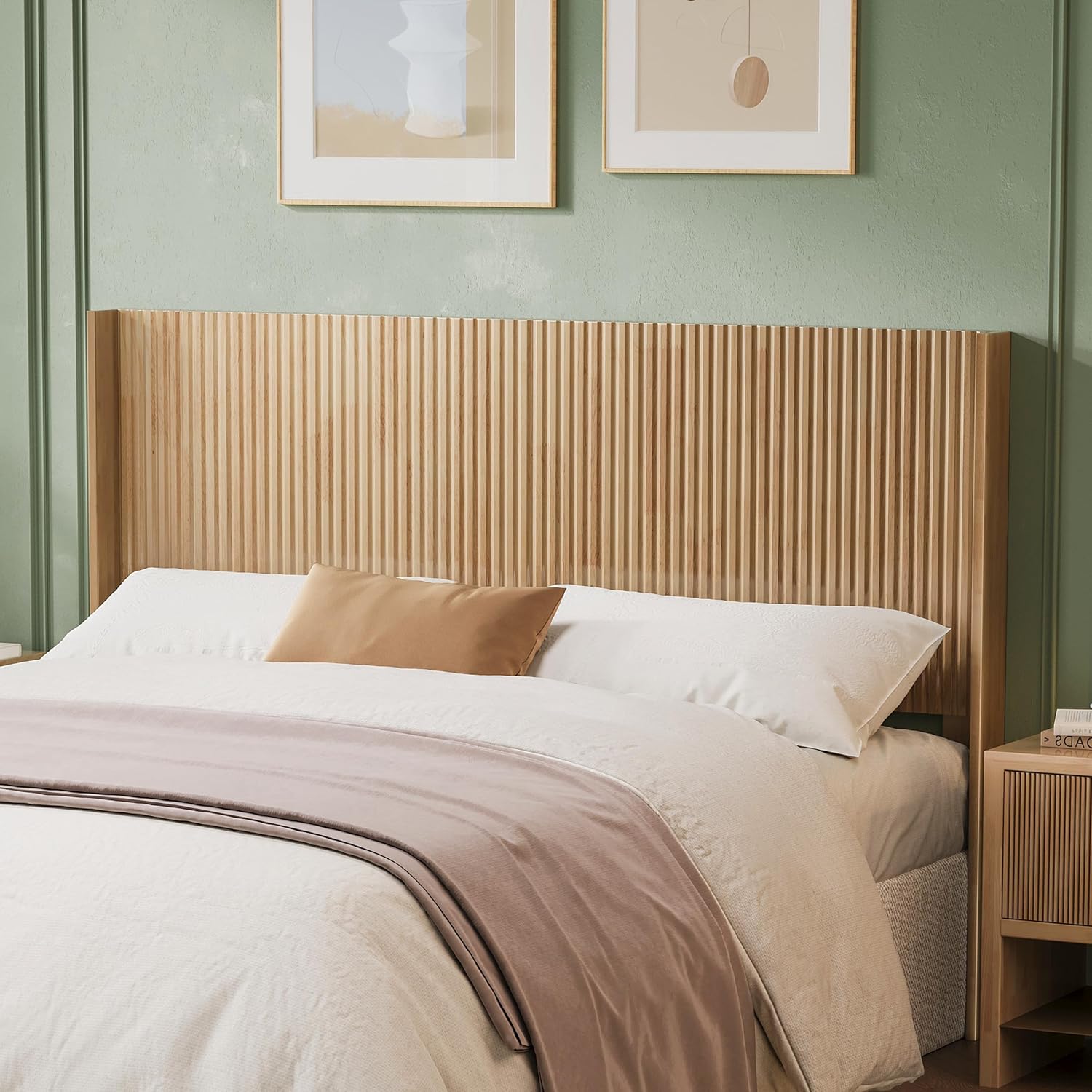 Huatean Home Wood Headboard Queen Size, 64.6' Wide Wooden Queen Headboard Only, Modern Farmhouse Headboards, Wall Mounted Fluted Panel, Wingback Boho Headboards, Natural