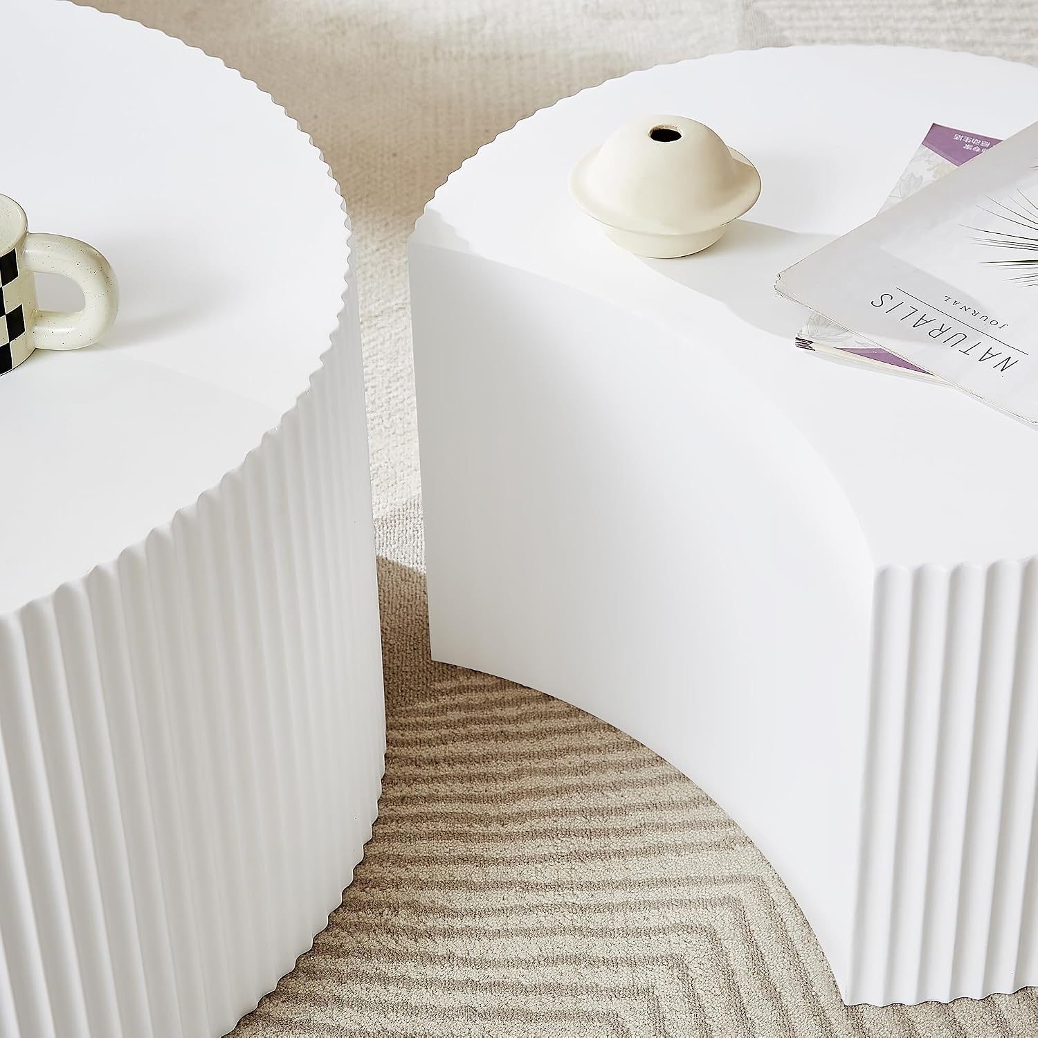 Round Nesting Coffee Table, Modern Wood Coffee Table Unique Shaped Set of 2 for Small Space, Living Room - White