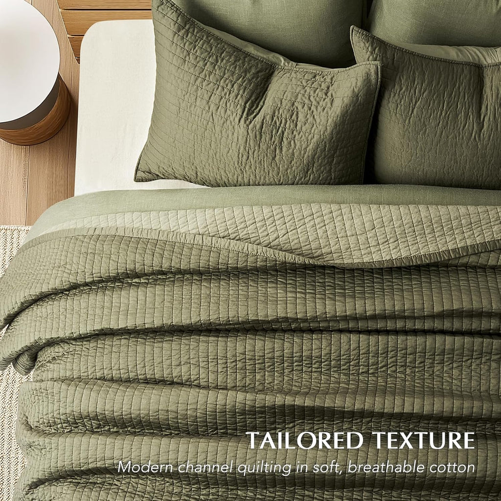 EVERGRACEHOME Cotton Sateen Quilt Set King Size, Pre-Washed Cotton Channel Stitch Coverlet Bedspread, 3 Pieces Lightweight Soft Bedding Sets for All Season, with 2 Pillow Shams, Olive Green