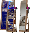 HNEBC 360° Swivel Jewelry Armoire with Mirror, LED Mirror Jewelry Cabinet Standing, Full Length Mirror with Jewelry Storage, Standing Jewelry Organizer/Lockable Wheels/Foldable Makeup Shelf (Wood)
