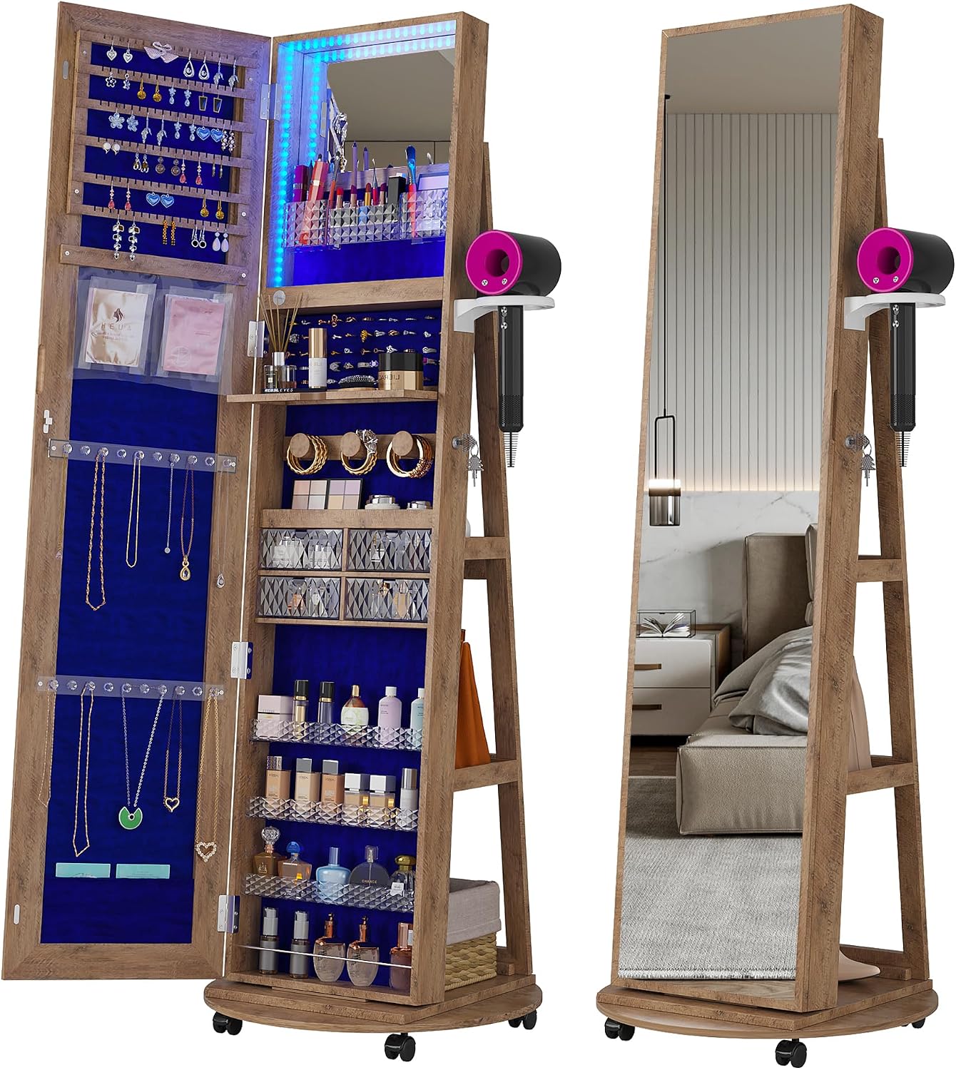 HNEBC 360° Swivel Jewelry Armoire with Mirror, LED Mirror Jewelry Cabinet Standing, Full Length Mirror with Jewelry Storage, Standing Jewelry Organizer/Lockable Wheels/Foldable Makeup Shelf (Wood)