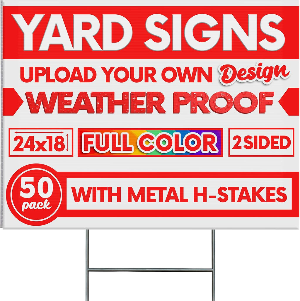 50 pack 24x18' Double Sided Custom Yard Sign with Metal Stake Front and Back Custom Printed Personalized Lawn Sign for Business, Real Estate, or Yard Sale, Full Color Corrugated Plastic Signage for Outdoors, Home, Office, Business (50-Pack)