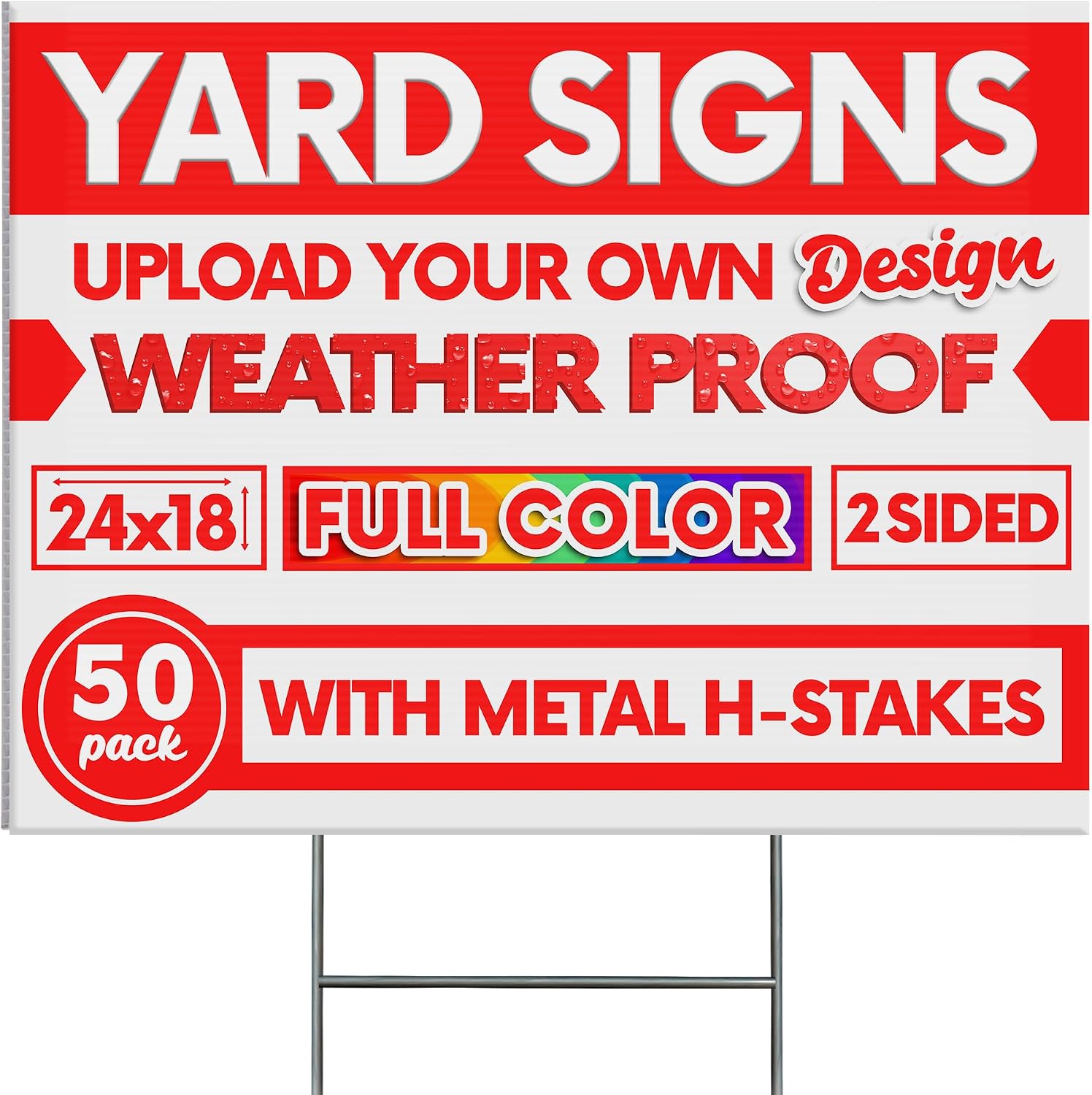 50 pack 24x18' Double Sided Custom Yard Sign with Metal Stake Front and Back Custom Printed Personalized Lawn Sign for Business, Real Estate, or Yard Sale, Full Color Corrugated Plastic Signage for Outdoors, Home, Office, Business (50-Pack)
