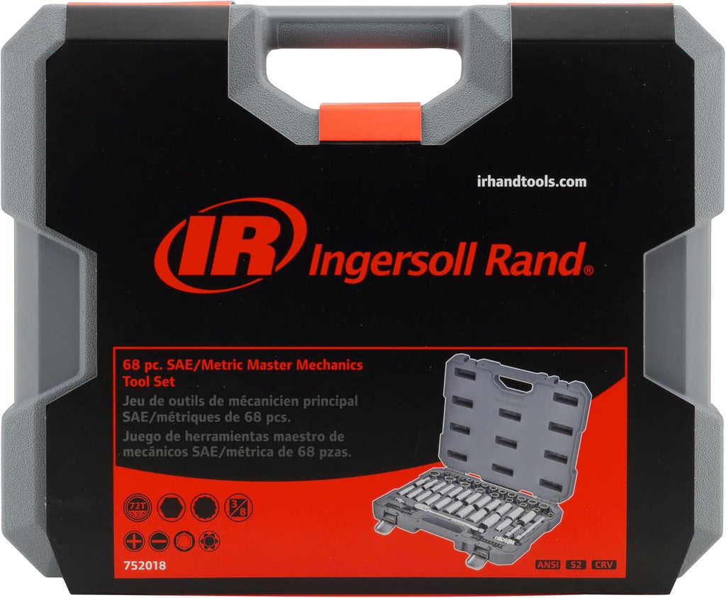 Ingersoll Rand 68 Piece 3/8-Inch Drive Metric/SAE Mechanics Tool Set, 72 Tooth Seal Headed Ratchet Handle, Chrome-Vanadium Steel Shallow/Deep Sockets, Universal Joint Socket - 752018