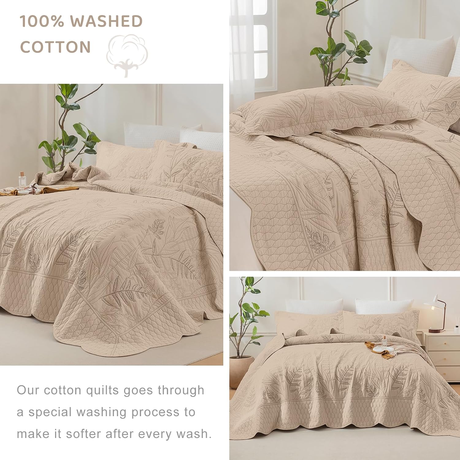 Sanracie Oversized King Quilt 120'x120', 100% Cotton Warm Taupe Print Quilted Bedspread Set 3Pcs Soft Breathable Botanical Leaves Pattern Quilt Bedding Set for All Season
