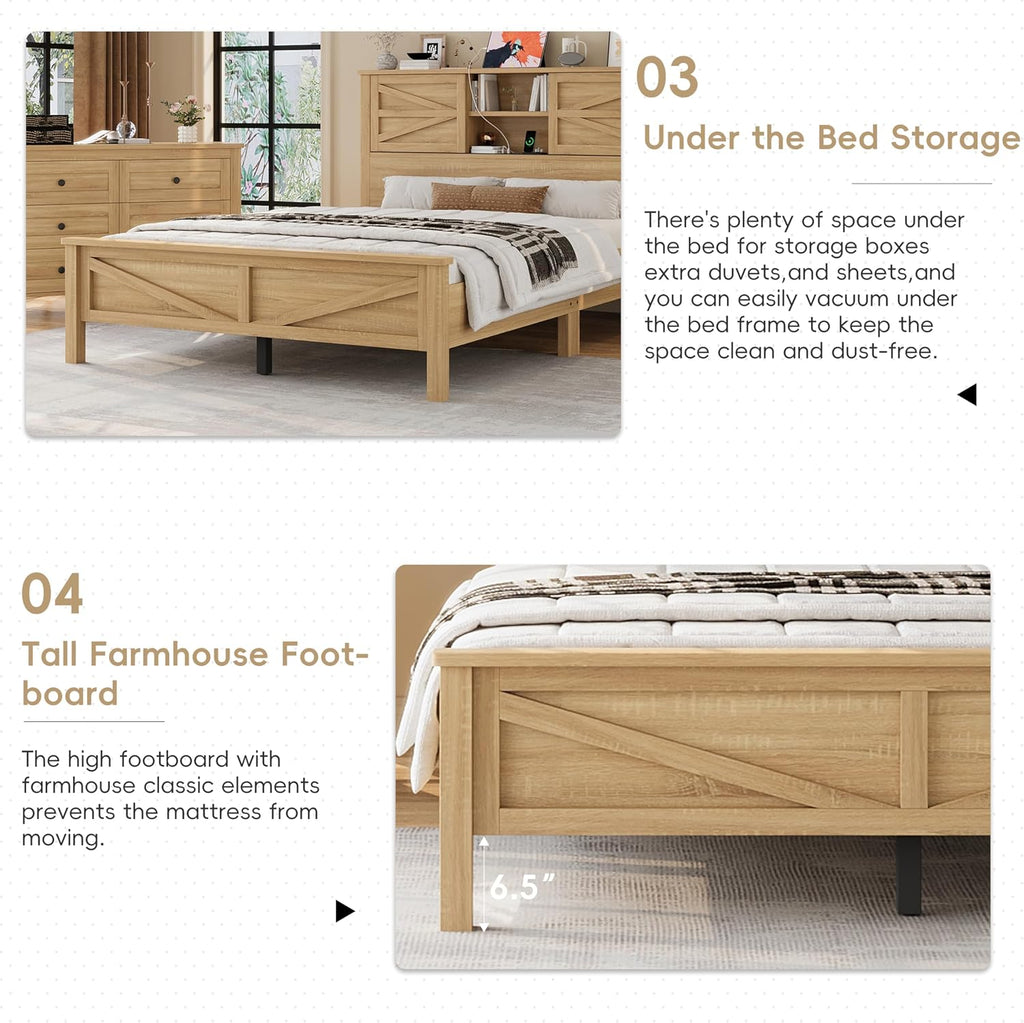 Full Size 3PCS Bedroom Sets, Platform Bed Frame with Double Sliding Door Storage Headboard and USB, 3-Pieces Bedroom Sets with Cabinet and Nightstands, Kids Adults, Natural