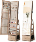 Nicetree 360°Swivel Jewelry Cabinet, Rotatable Full Length Mirror with Jewelry Storage, Standing Jewelry Armoire Organizer, Lockable Jewelry Organizer with 3 Rear Shelves, Bottom Drawer, Toasted Oak