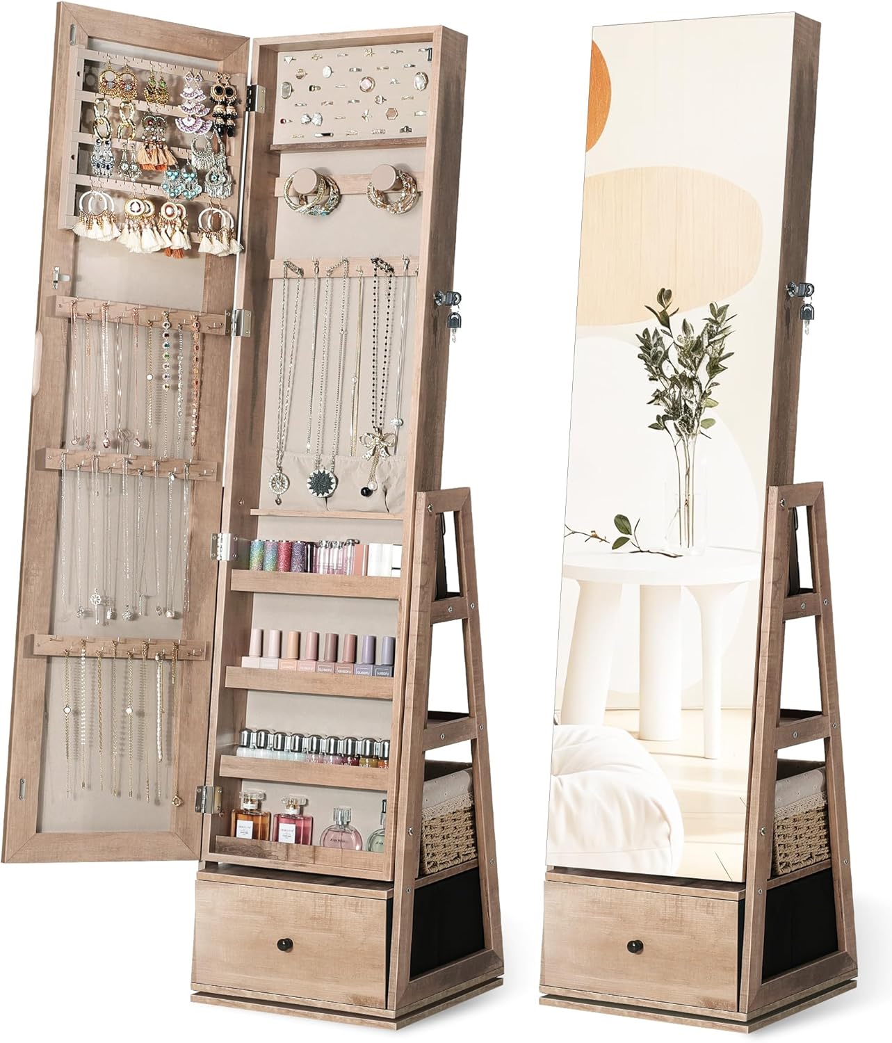 Nicetree 360°Swivel Jewelry Cabinet, Rotatable Full Length Mirror with Jewelry Storage, Standing Jewelry Armoire Organizer, Lockable Jewelry Organizer with 3 Rear Shelves, Bottom Drawer, Toasted Oak