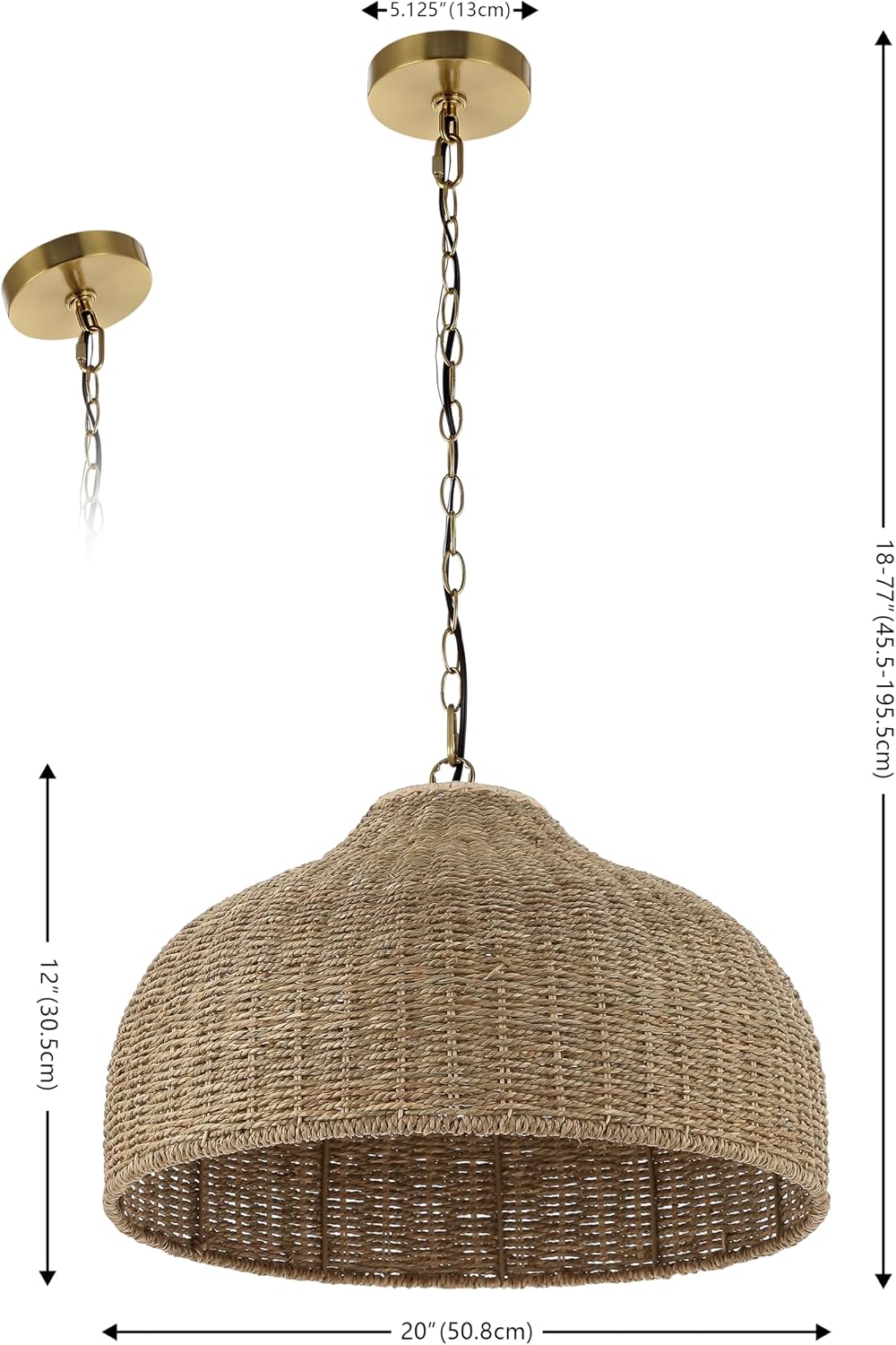 JONATHAN Y 20' Brown/Brass Gold 1-Light Rattan and Iron Dome Pendant Light, Adjustable Height Coastal Bohemian Hanging Lamp for Kitchen Island, LED Bulb Included JYL1133A
