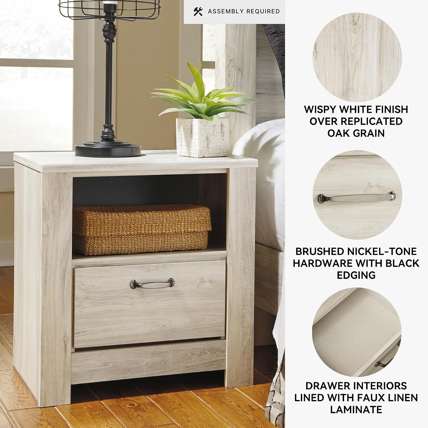 Signature Design by Ashley Bellaby Farmhouse 1 Drawer Nightstand with 1 Storage Cubby & Slim-Profile USB Charging Station, 24.61' Tall, Whitewash