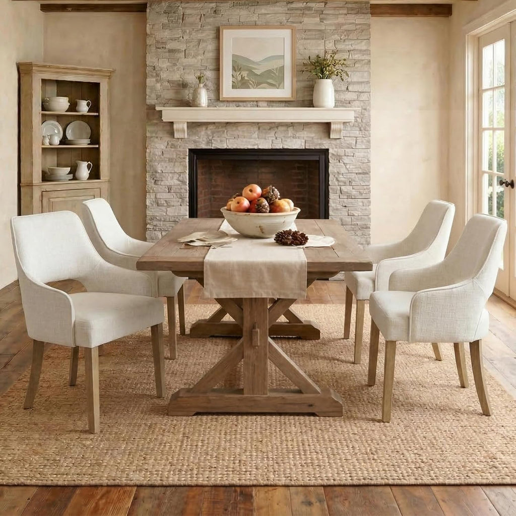 Farmhouse Upholstered Dining Chairs Set of 2, Linen Fabric Dining Room Chairs with Arms, Solid Wood Kitchen Side Chairs for Dining Living Room Bedroom, Upgraded Size, Cream