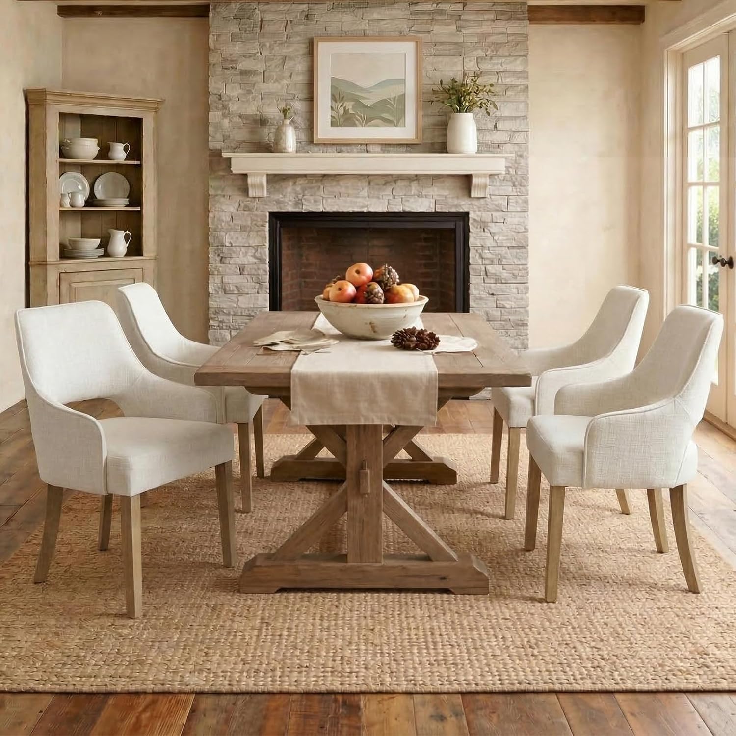 Farmhouse Upholstered Dining Chairs Set of 2, Linen Fabric Dining Room Chairs with Arms, Solid Wood Kitchen Side Chairs for Dining Living Room Bedroom, Upgraded Size, Cream