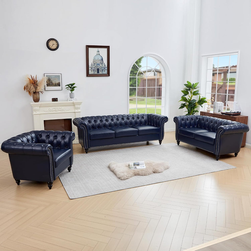 QHITTY 3 Piece Living Room Set, Sectional Chesterfield Sofa Chair Contemporary Upholstered Artificial Leather Loveseat Couch Sets for Living Room, Bedroom, Office (Blue)