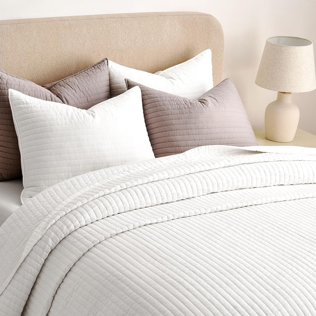 EVERGRACEHOME Cotton Sateen Quilt Set King Size, Pre-Washed Cotton Channel Stitch Coverlet Bedspread, 3 Pieces Lightweight Soft Bedding Sets for All Season, with 2 Pillow Shams, Bright White