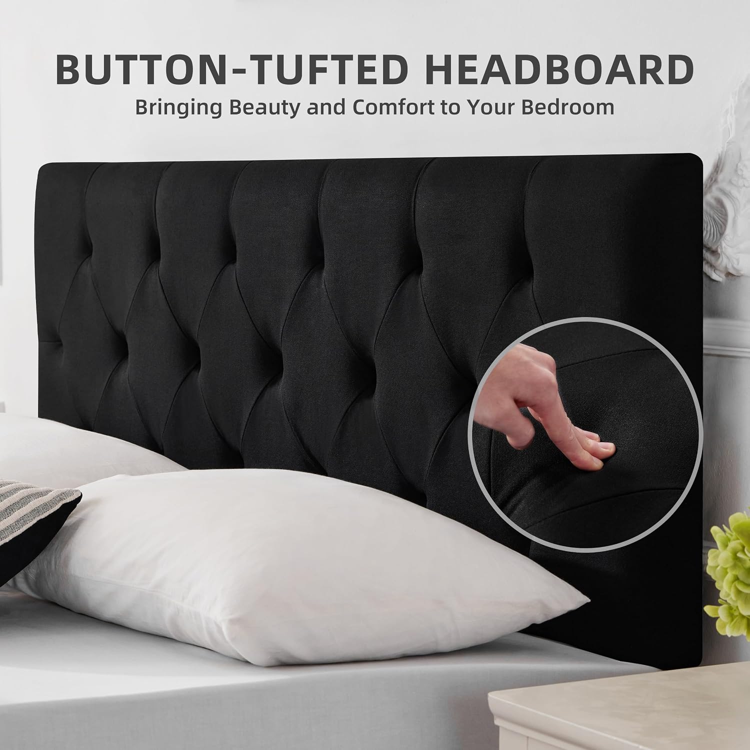 Howjoe Linen Upholstered Headboard King Size, Modern Diamond Tufting Solid Wood California King Headboard Only, Adjustable Height from 37' to 51' Head Board, Bed Frame or Wall Mount Headboards, Black
