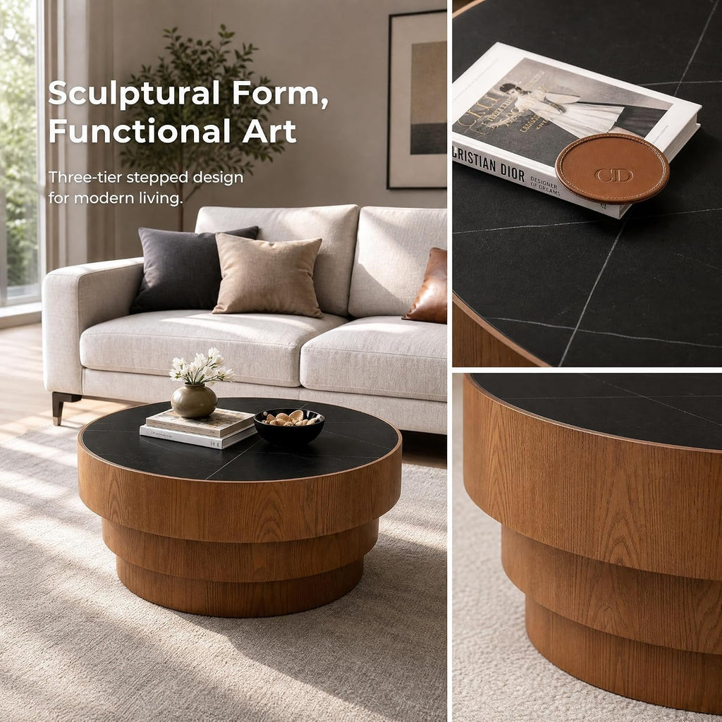 31.5' Black Round Coffee Table, Round Coffee Table with Sintered Stone Tabletop and MDF with Wood Veneer Tiered Base, Modern Low Profile Circle Cocktail Tea Table for Living Room